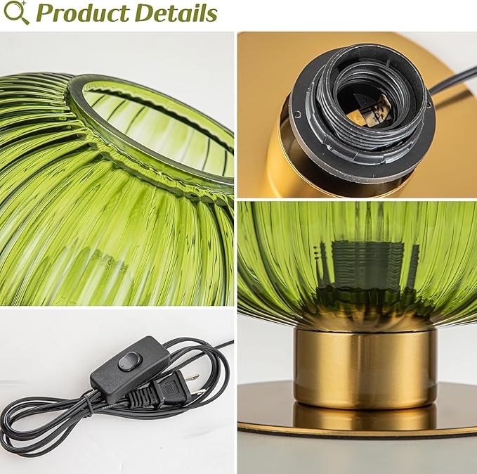 Green Table Lamp Glass Globe Table Lamp Mid Century Modern Small Bedside Lamp Gold Nightstand Lamp Vintage Decorative Brass Desk Lamp for Bedroom Living Room Study Corner Bookshelf (Set of 2)