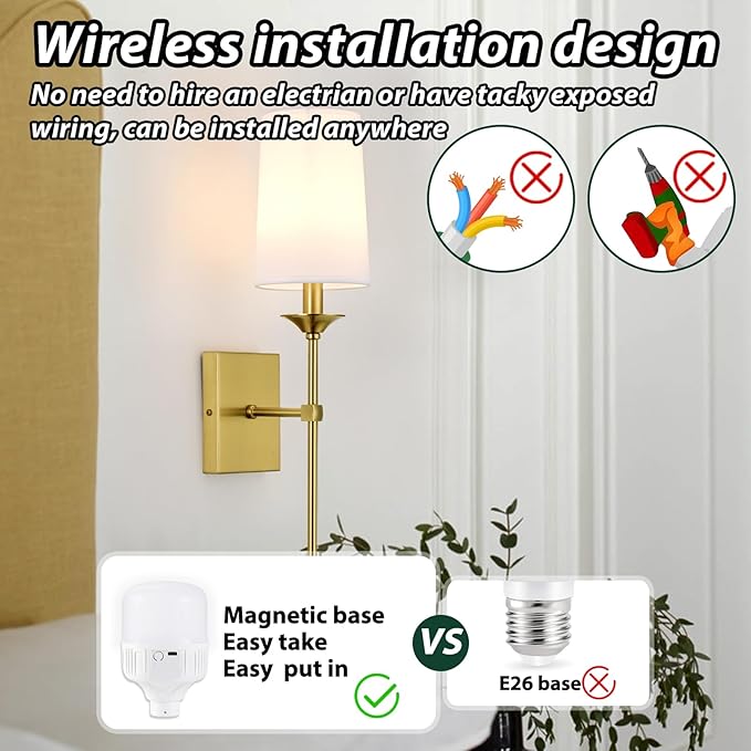 TERLEENART Battery Operated Wall Sconce Set of 2,Cordless Rechargeable Wall Light with RGB Dimmable Bulb and Remote,15 Colors Adjustable,Easy Install No Wiring