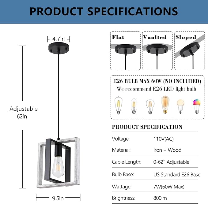 9MMML Wood Pendant Light Kitchen Island, Farmhouse Hanging Lamp with 62'' Height Adjustable Cord, Small Ceiling Pendant Light Fixture for Dining Room, Entryway, Foyer
