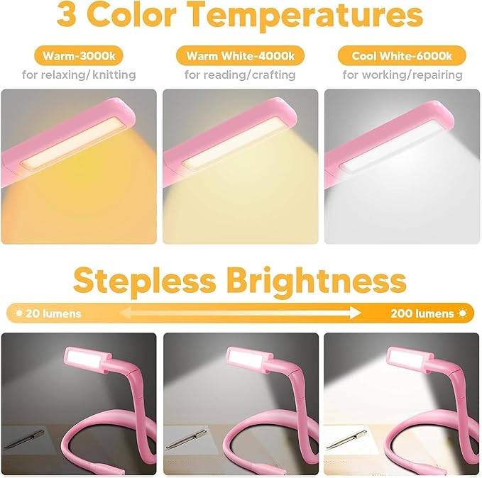 Pink Neck Light with Storage Case, 10-80Hrs Eye-friendly Book Reading Lamp, Knitting Crochet Sewing Craft Light Rechargeable Adjustable, Christmas Birthday Gifts for Book Lovers Knitters Crafters