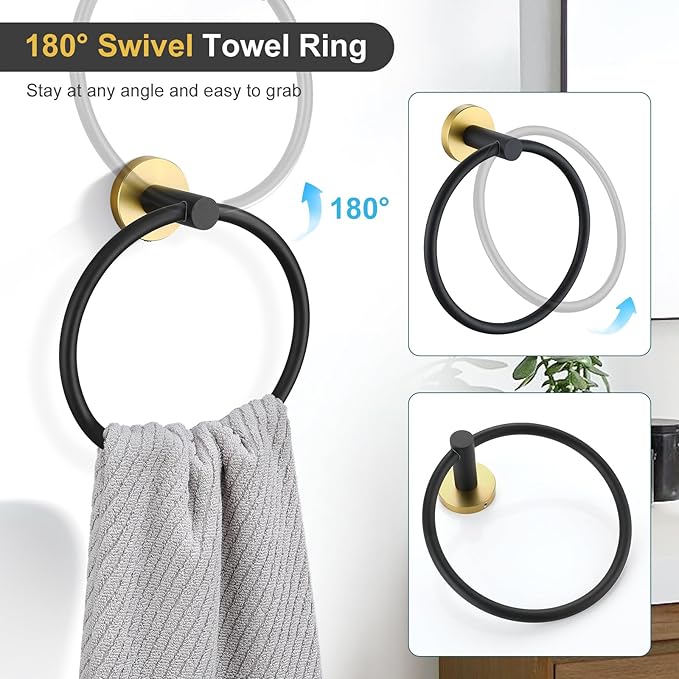 TQKAG Black and Gold Bathroom Hardware Accessories Set 10-Pieces, Premium SUS304 Stainless Steel Bathroom Towel Bar Holder Set 23.6 Inch Round Towel Racks for Bathroom Wall Mounted