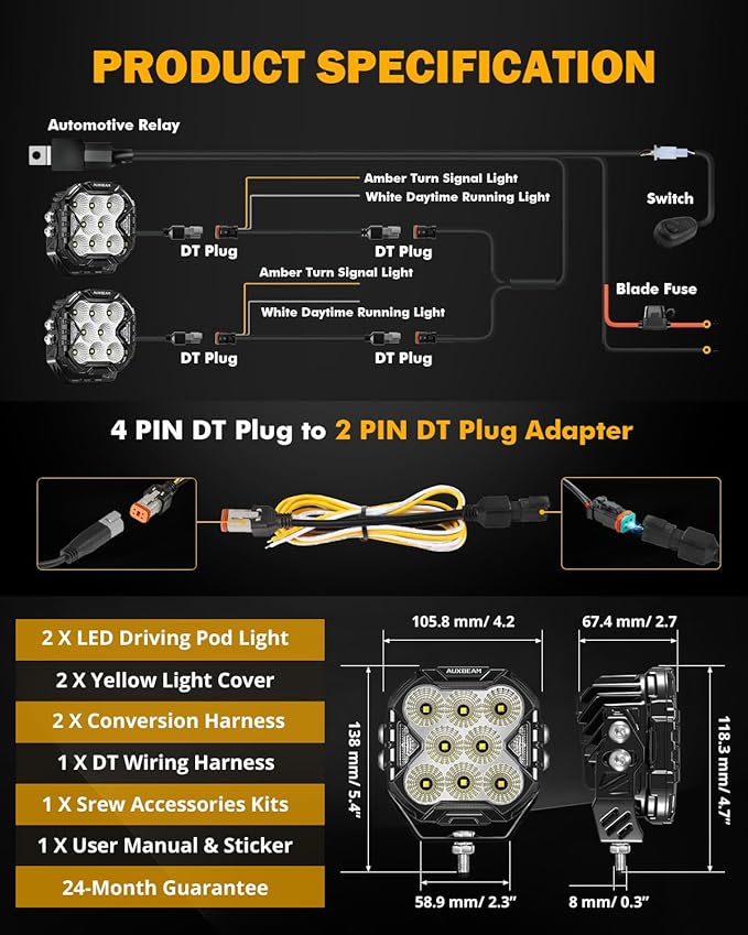 Auxbeam Cube-Z Series LED Cube Pod Lights, 4 Inch 112W Flood Driving Light with White DRL&Amber Turn Signal Light, 12800LM Hyper Bright Offroad Ditch Pods with Amber Cover for Truck SUV ATV UTV, Pair