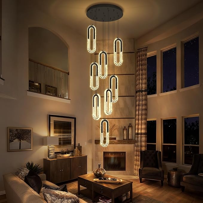 Modern Led Black Chandelier Adjustable 8 Rings Crystal Chandelier for Foyer Stairwell Crystal High Ceiling Pendant Light Dimmable 2700K-6000K