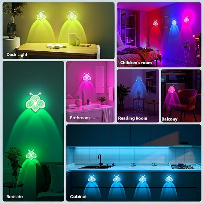 Rechargeable Motion Sensor Night Light for Kids | Warm White & RGB | Cute Bee Design | Magnetic Mount | Indoor Light for Bedroom, Kids' Room, Stair, Bathroom(Pink, 4 Pack)