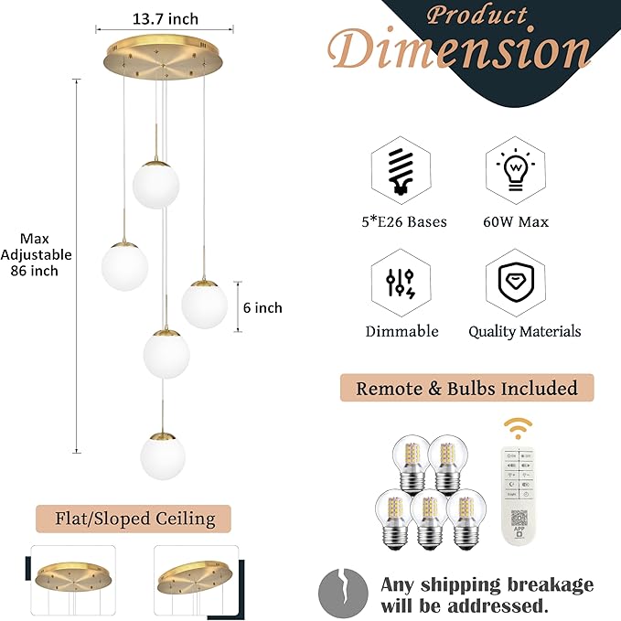 KoKo&Yukina 5-Light Globe Glass Pendant Light Adjustable Length Pendant Lights Fixtures Modern Gold Chandelier with Milky White Glass Ceiling Lights for Foyer Hallway Bedroom (Bulb & Remote Incl.)