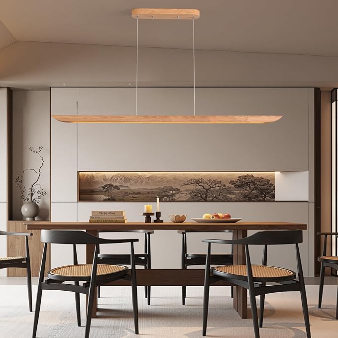 55" Wood Linear Pendant Light, Dimmable Kitchen Island Light with Remote, 40W LED Island Lights for Kitchen, Adjustable Linear Chandelier for Dinning Room Light Fixture, Bar, Pool Table Light Natural