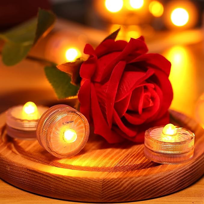 HL Submersible LED Light,Amber Small LED Light,100 Hours Waterproof Flameless Led Lights Battery Powered for Wedding Home Vase Festival Party Decoration 12pcs (Built-in 24 Batteries)