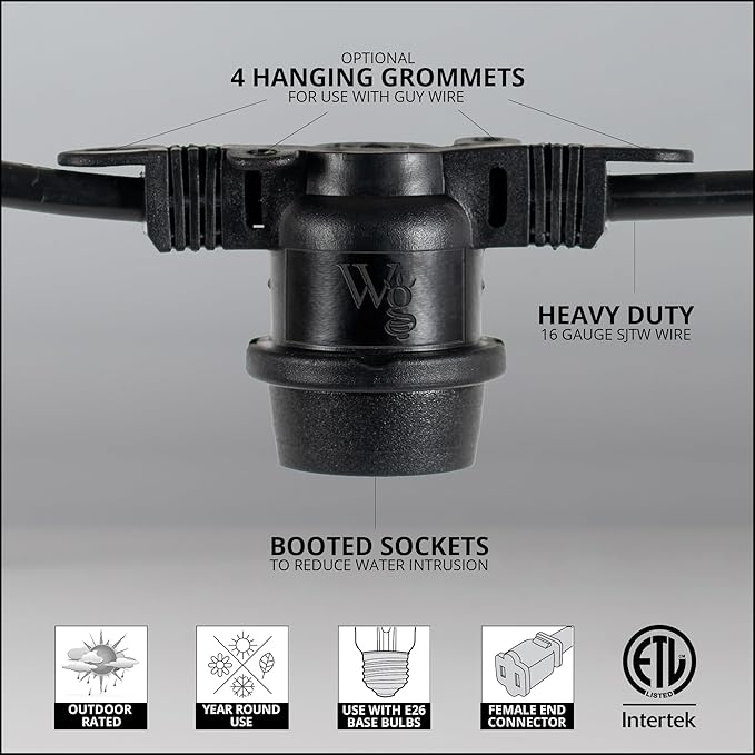 Wintergreen Lighting 30-ft 10 Socket E26 Commercial Patio Light Stringer, Heavy Duty Weatherproof SJTW Black Wire, 36" Spacing, 16 AWG, Cord Only