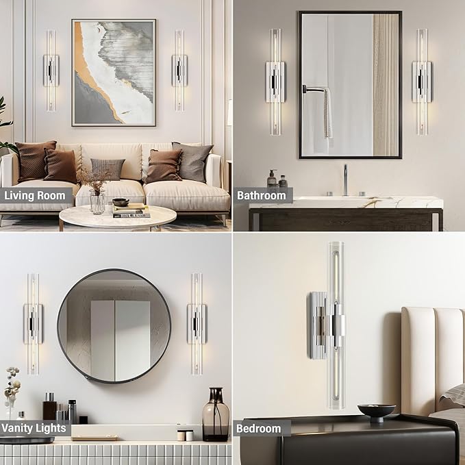 Nickel Wall Sconces Set of Two, Brass 22.8" Sconces Wall Lighting,Bathroom Vanity Lights with Clear Glass Shade for Mirror, Living Room, Bedroom, Hallway, Fireplace, Staircas（Including Bulb）
