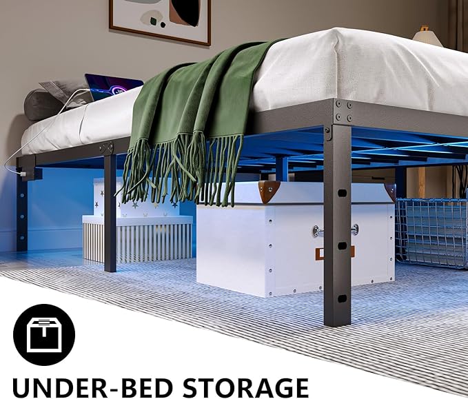 Queen Size Bed Frame with LED Lights & Charging Station - 18 Inch Heavy Duty Metal Platform Bed Frame No Box Spring Needed, Easy Assembly, No Noise