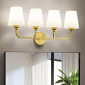Brushed Gold Bathroom Light Fixtures, 4-Light Vanity Lights, Bathroom Lighting Fixtures Over Mirror with Flared White Fabric Shade,Modern Wall Sconce for Mirror Hallway Bedroom Living Room(ETL Listed)