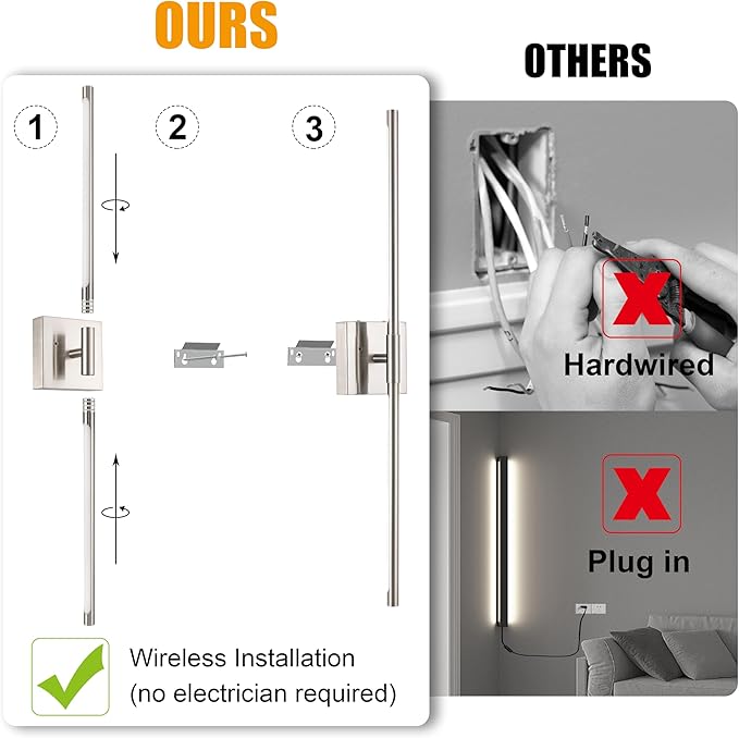 Battery Operated Wall Sconces Set of 2, Dimmable Battery Wall Sconce with Remote Control, Sand-Nickel LED Rechargeable Sconces, 24 Inch Modern Wireless Wall Lights for Bedroom, Living Room