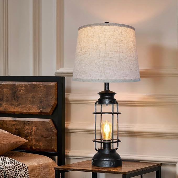 Table Lamps Set of 2 with USB Port 3 Way Dimmable Touch Lamps 28.5" Tall Rustic Industrial Living Room Lamps for Bedroom Bedside Office 4 Bulbs Included