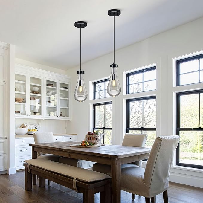Raindrop Pendant Lights Kitchen Island Teardrop PlatingBlack Hanging Light Fixtures Clear Solid Glass Pendant Light Modern Chandeliers for Dining Room Porch Corridor Living Room(Black 3-Pack)