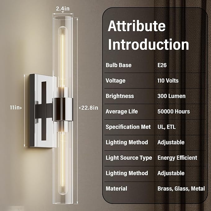 Nickel Wall Sconces Set of Two, Brass 22.8" Sconces Wall Lighting,Bathroom Vanity Lights with Clear Glass Shade for Mirror, Living Room, Bedroom, Hallway, Fireplace, Staircas（Including Bulb）