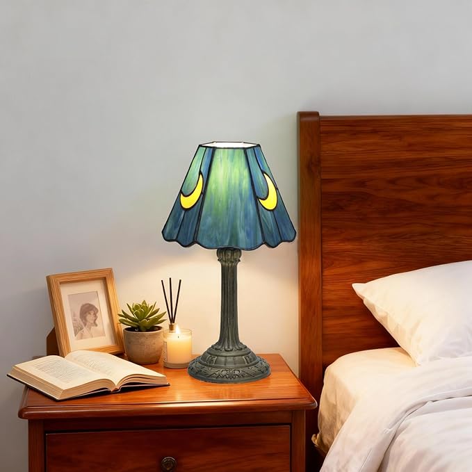 Tiffany Lamp - Sea Blue Moon Stained Glass Table Lamp 7x7x13 Inches - Sea Blue Moon Style Desk Reading Bedside Light - Bedroom & Living Room Decor