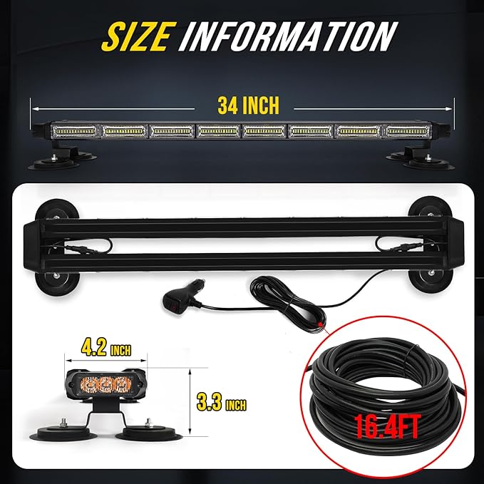 34inch 166 LED Emergency Rooftop Strobe Lights Bar Flashing Safety Traffic Advisor Warning Hazard Snow Plow Light W/Magnet Base for Work Trucks Vehicles Construction Tow Pickup Amber