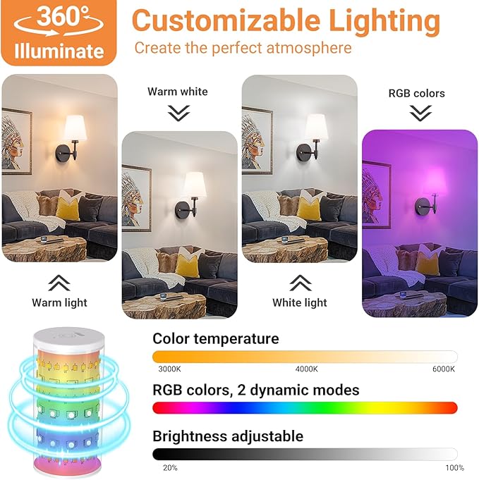 Peel and Stick Wall Sconces Battery Operated: Wireless Adhesive Wall Lights Easy Install Renter Friendly, 10000mAh Rechargeable Wall Lamp for Bedroom Living Room Wall Decor