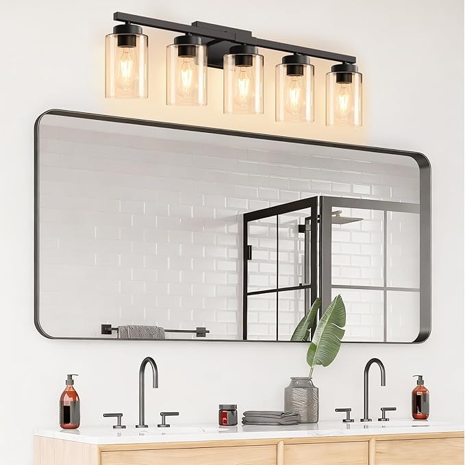 IZORRO Black Bathroom Vanity Light, 5-Light Vanity Lighting fixtures Over Mirror, Wall Lights with Clear Glass Shades, E26 Socket (Bulbs Not Included)