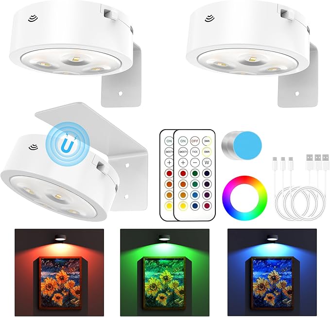 3 Pack Picture Lights for Wall, 13 RGB Color Rechargeable Battery Operated wall lights, Picture Frame lights with 3 Lighting Modes, Wireless Magnetic Painting Light with Remote Control Timer, (White)