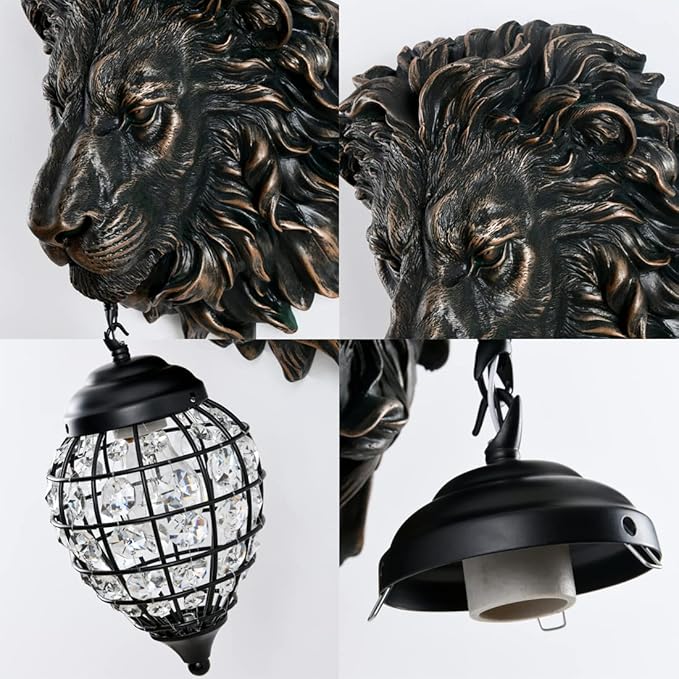 Lion Head Wall Decor Sconces Wall Lighting Retro Baroque Crystal Sconce Gold Luxury Wall Lights Fixtures for Living Room Bedroom Bedside Stairs Bathroom Mirror Headlights Lamp, E26 (B-2)