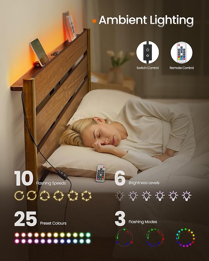 SONGMICS Home Full Bed Frame with Headboard, LED Lights & Charging Station, Solid Wood Legs and Slats, Mid-Century Modern Platform Bed, No Box Spring Needed, Caramel Brown URMB412K01V1