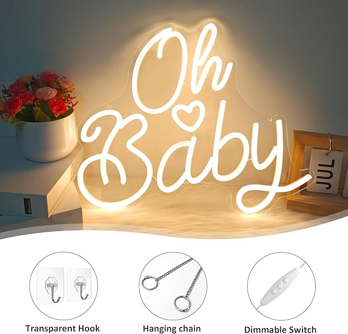Oh Baby Neon Sign for Wall Decor, Baby Shower Neon Sign with Dimmer, Warm White Led Light for Bedroom Decor, Wall Decoration USB Powered with Switch, Gift for Mother