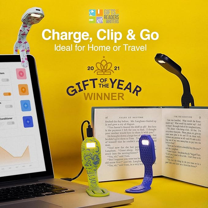 Gifts for Readers & Writers Bookmark Reading Light Flamingo - 2in1 Clip On Bookmark Mini Light for Reading in Bed, Rechargeable Night LED Lights, 20 Lumen