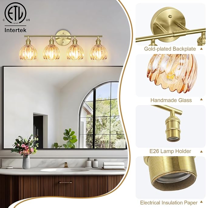 Vintage Bathroom Light Fixtures,4-Light Hardwired Vanity Lights with Amber Tulip Glass Shade,Gold Bathroom Vanity Light for Mirror Restroom,E26 Socket,25.2 in(Bulbs Not Included)