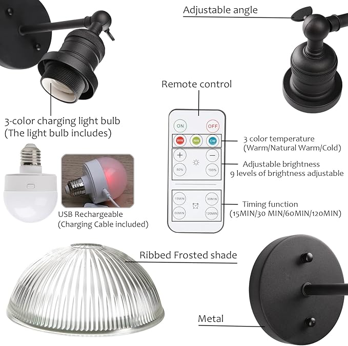 Pathson Battery Operated Wireless Wall Sconce, Rechargeable Modern Wall Vanity Light, Striped Glass Bowl Lampshade, Remote Dimmable Wall Lighting Indoor Led Wall Lamp Fixture for Bedroom Living Room