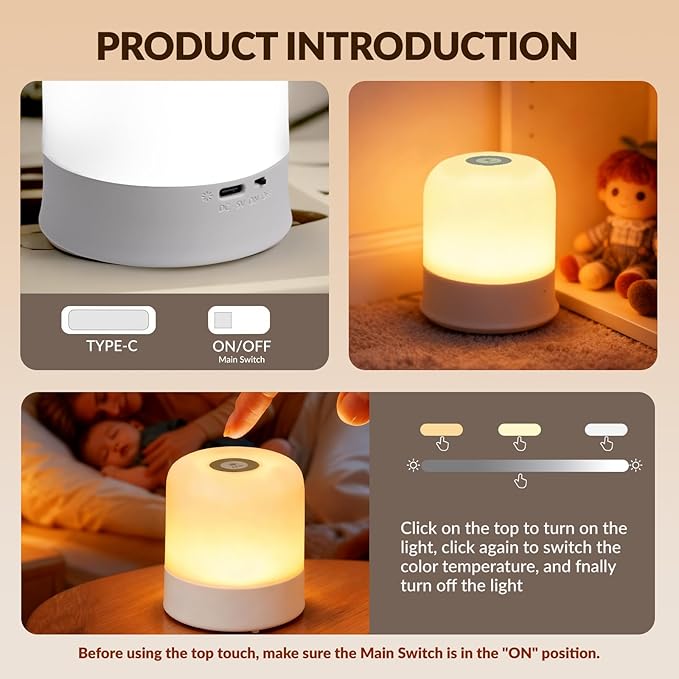Portable Baby Night Light, 2400mAh, 3 Color Egg Light for Nursery, Rechargeable Small LED Lamp, Dimmable Touch Night Light,for Toddler,Kids,Adults