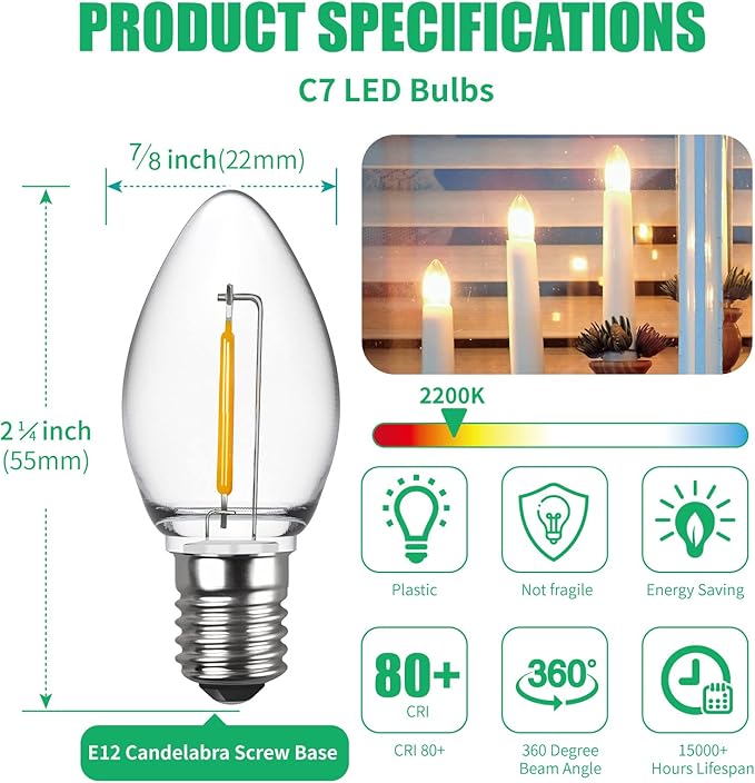 Meconard C7 LED Night Light Bulbs, Shatterproof LED Replacement Bulbs for Window Candles & Chandeliers, E12 Candelabra Base, 0.6 Watt Equivalent to 7Watt Incandescent Bulb, Warm White, 15 Pack