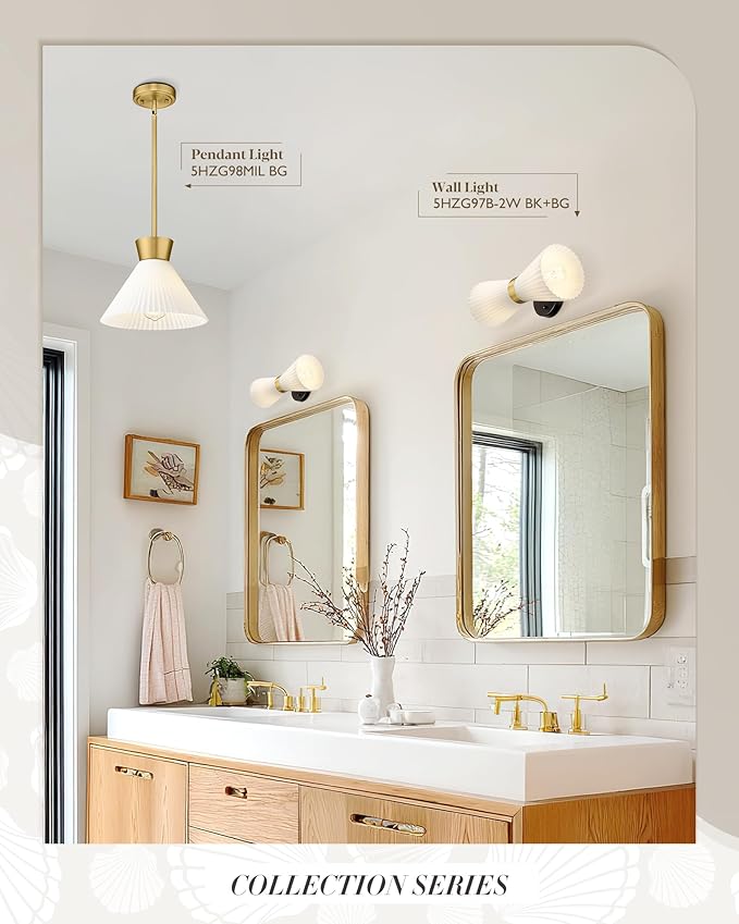 Indoor Wall Sconces, HWH Hardwired Black and Gold Bathroom Sconces Wall Lighting with Frosted Milk White Striped Glass, Modern Sconces Wall for Bathroom Hallway, 5HZG97B-2W BK+BG