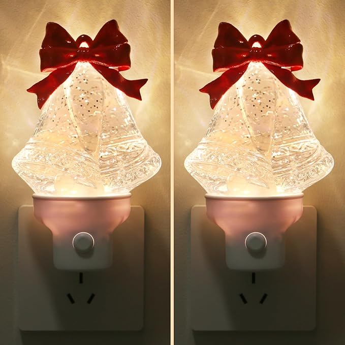 2 Pack Christmas Bell Night Light Plug into Wall Glitter Water Nightlight with USB/Outlet Options, Christmas Decorative Nightlight for Bedroom Kitchen Nursery Holiday Decorations Gifts (Bell)