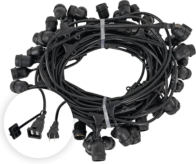100-ft 50 Suspended Sockets E26 Commercial Patio Light Stringer, Heavy Duty Weatherproof SJTW Black Wire, 24" Spacing, 16 Gauge Wire, Stringer Only