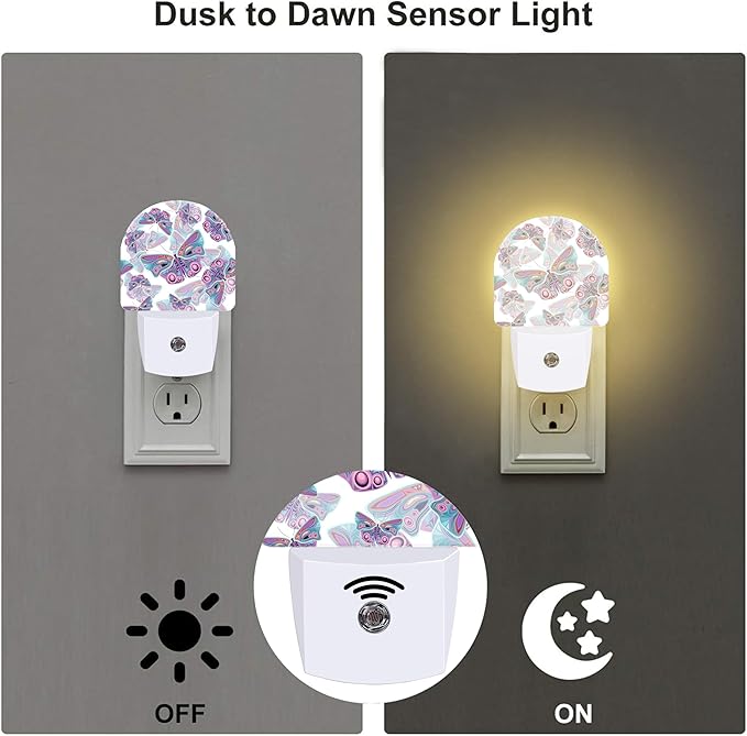 Colorful Butterflies Night Light Plug into Wall,Retro Watercolor Butterfly Dusk to Dawn Night Light,0.5w Energy Saving Sleep Friendly Nightlights for Kids Boys Girls Home Decor