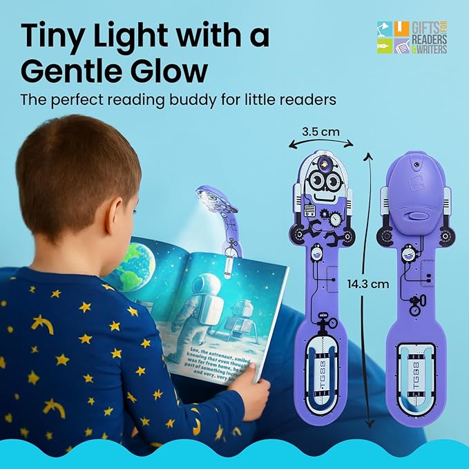 Gifts for Readers & Writers Bookmark Reading Light Robot Purple - 2in1 Clip On Bookmark Kids Book Light for Reading Night in Bed, Travel Cute Book Lights, Flexible 8 Lumen LED Lights for Books