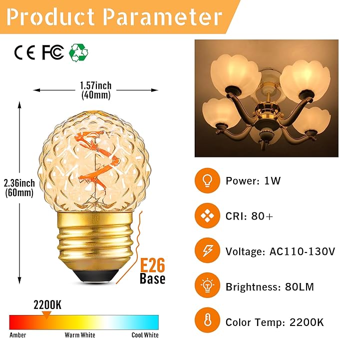 G40 Replacement Bulbs Night Light Bulbs Small Edison Light Bulb Base Sizes Chart Mini Globe Low Watt Light Bulbs 1W(10W Equivalent),AC120V Warm White 2200K 80LM,Outdoor Holiday Decorative Bulb,15 Pack