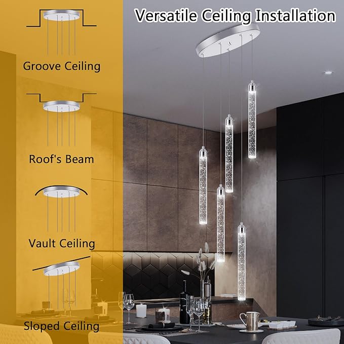 5 Light Mini Chandelier LED Pendant Lighting for Kitchen Island Modern Bubble Crystal Pendant Light Adjustable Pendant Light Fixture Chrome Ceiling Handing Lights for Dinning Room Bedroom 2700K 6000K