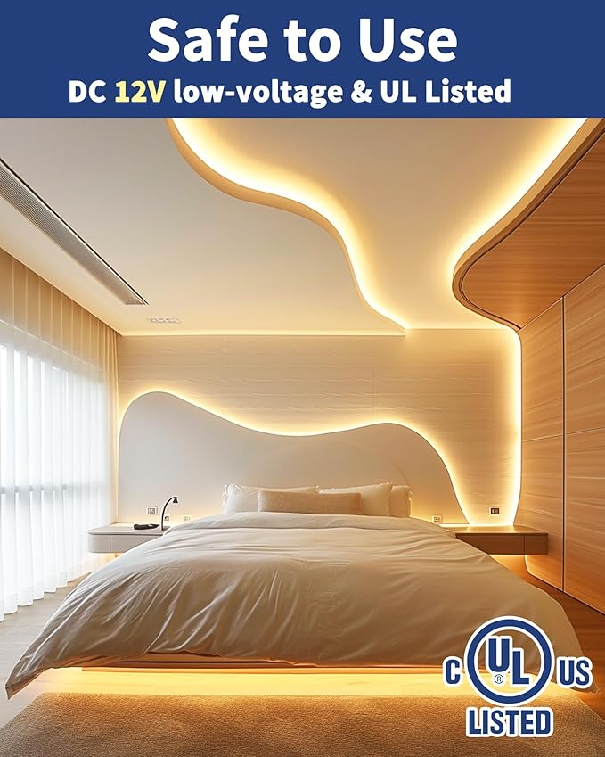 GOOVER COB LED Strip Lights 16.4ft, 3000K Warm White DC 12V Dimmable Tape Light, Ra 95+,150+LM/FT, 2.2W/ft, 1600 LEDs, UL Listed for Cabinets,Bedroom(Power Supply Sold Separately)