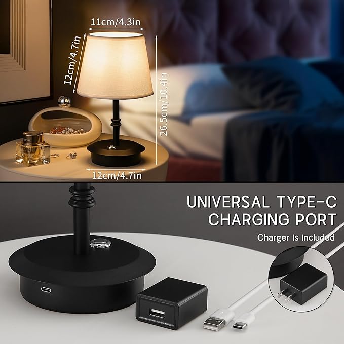 Mini – Cordless LED Table Lamp with Dimmer, Built-in Rechargeable Battery, 3-Level Brightness, Patio Table Lamp, Bedside Night Lamp, Ambient Light for Restaurant(Black)