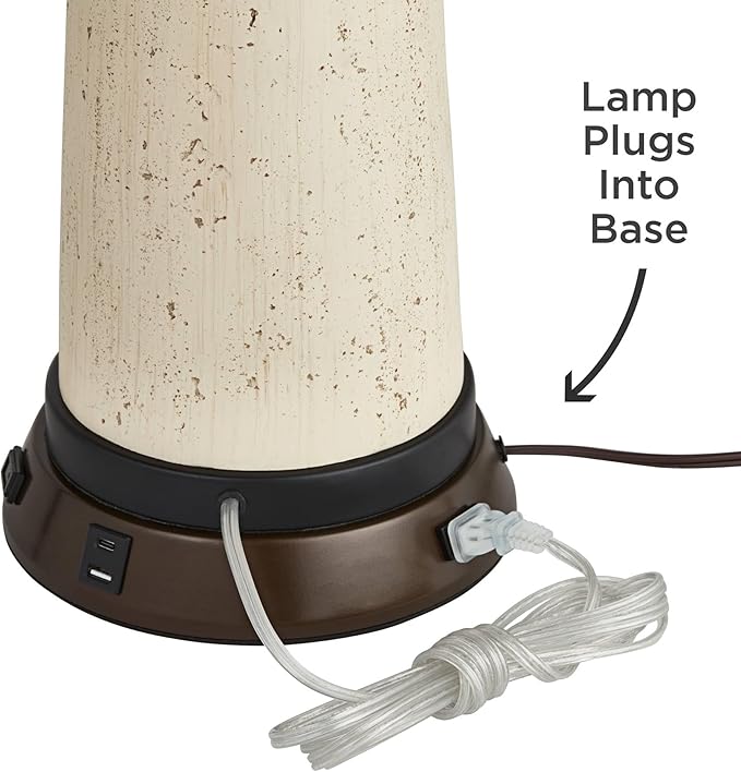 Franklin Iron Works Hunter Rustic Farmhouse Table Lamp with USB and AC Power Outlet Workstation Charging Base 28.75" Tall Bronze Cherry Wood Double Drum Shade for Living Room Bedroom House Bedside