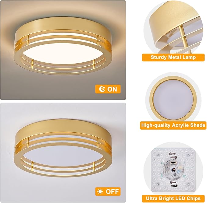 Dimmable Gold Flush Mount Ceiling Light, Modern Round LED Ceiling Lights Fixture, Kitchen Flushmount Light for Bedroom Hallway Kitchen 2700 K-6000 K 5CCT