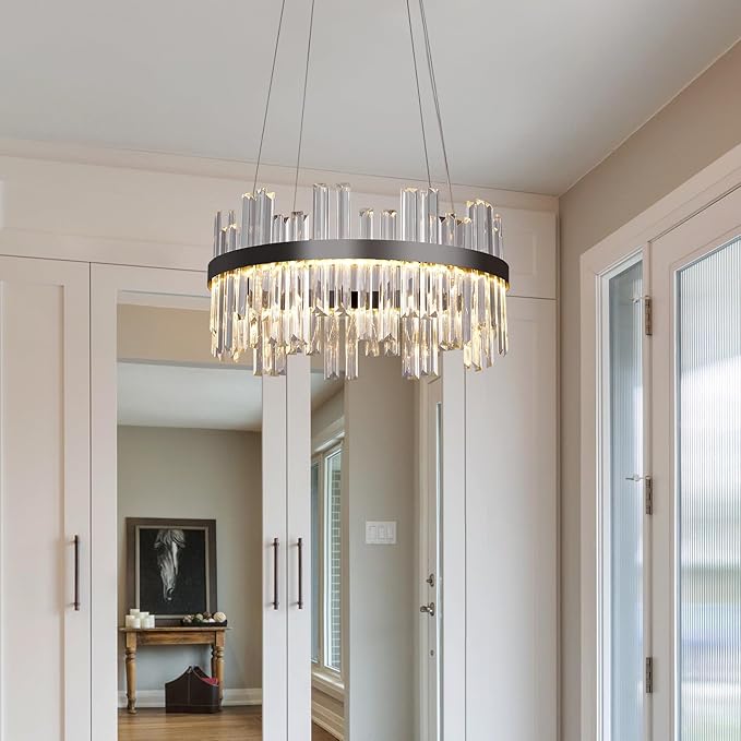 Black Led Modern Crystal Chandelier: 19.7" Round Contemporary 3 Color Dimmable Dining Room Light Fixture over Table - Adjustable Lighting Chandeliers for Bedroom Living Kitchen Island Entryway Foyer
