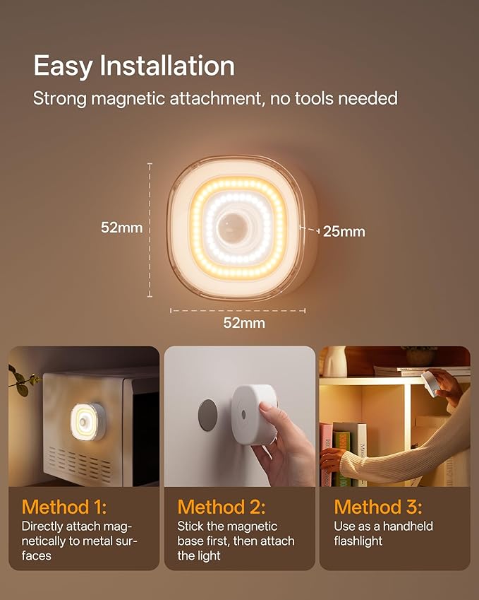 Homelist Motion Sensor Light Indoor, 4 Pack 100LM Rechargeable Puck Lights COB Light Source with Dual-Ring Design, Small Motion Sensor Night Light for Bedroom Bedside, Cabinets, Hallway, Stairs