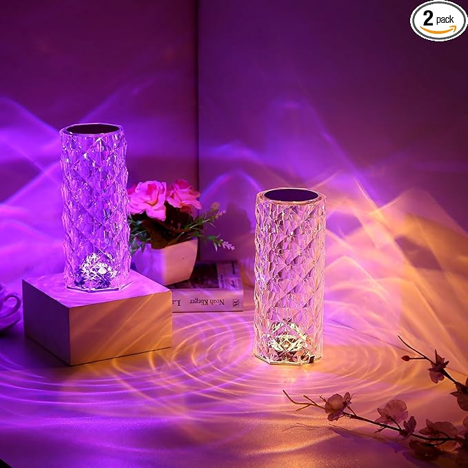 2Pack Crystal Table Lamp (Touch & Remote), 4 Modes 16 Color Changing Night Light, Rechargeable, Dimmable, RGB Rose Diamond Mood Lighting, Protable Cordless Desk Lamp for Bedroom Living Room Party