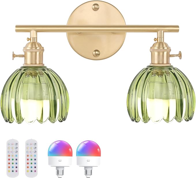 Battery Operated Bathroom Light Fixtures, 2-Light Brass Vanity Wall Light with 5000mAh Rechargeable Bulb Over Mirror with Green Tulip Glass Shade for Bedroom Living Room
