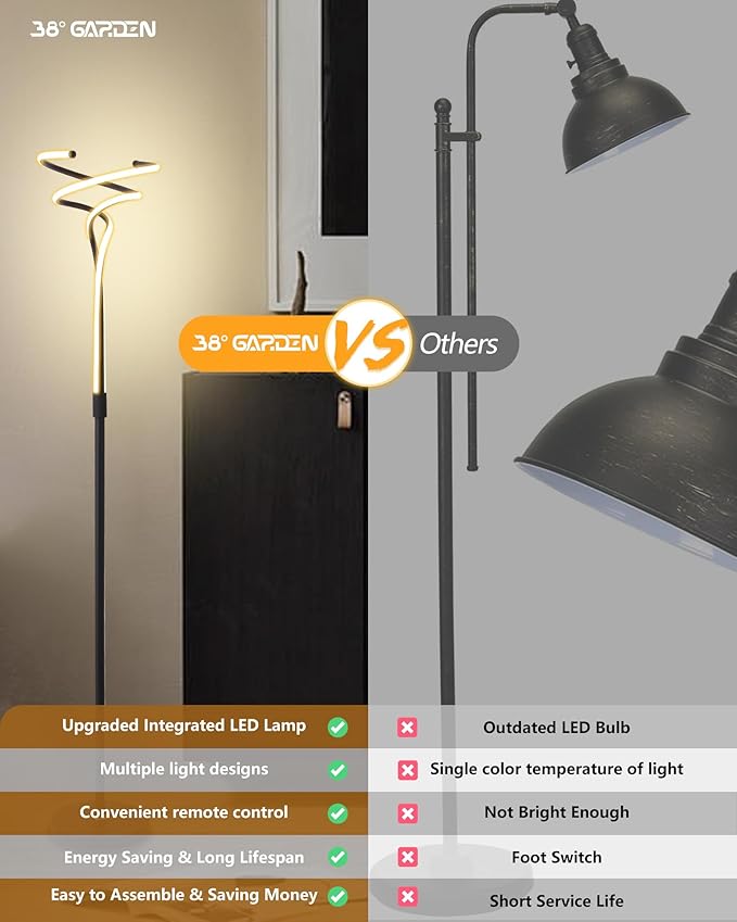 LED Floor Lamp Remote Control, 67'' Modern Spiral Floor Lamps for Living Room 3 Color Temperature 40W Black Dimmable Tall Standing Light Arched Bright Unique Indoor Corner Lamps