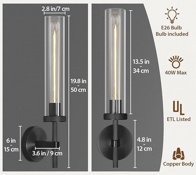 Black Wall Sconces Bathroom Vanity Light Fixtures, Glass Tube Wall Sconces Solid Copper Base, Sconces Wall Lighting Indoors, Wall Lights For Mirror, Living Room, Bedroom, Hallway (Including Bulb)