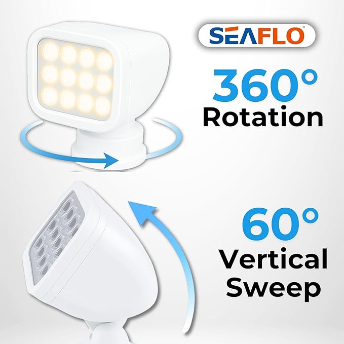 SEAFLO 360° Rotating Remote Control LED Searchlight, 10-30V, Auto-Reset, IP66 Waterproof, Marine Spotlight for Boats, Truck, Vehicles, CE & Rohs Certified (Wireless Remote/White//Warm Light 2700K)